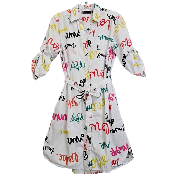 Nwot NY & CO White & Multicolored Script Words 3\4Sleeve Collared Shirt Dress - Picture 3 of 16
